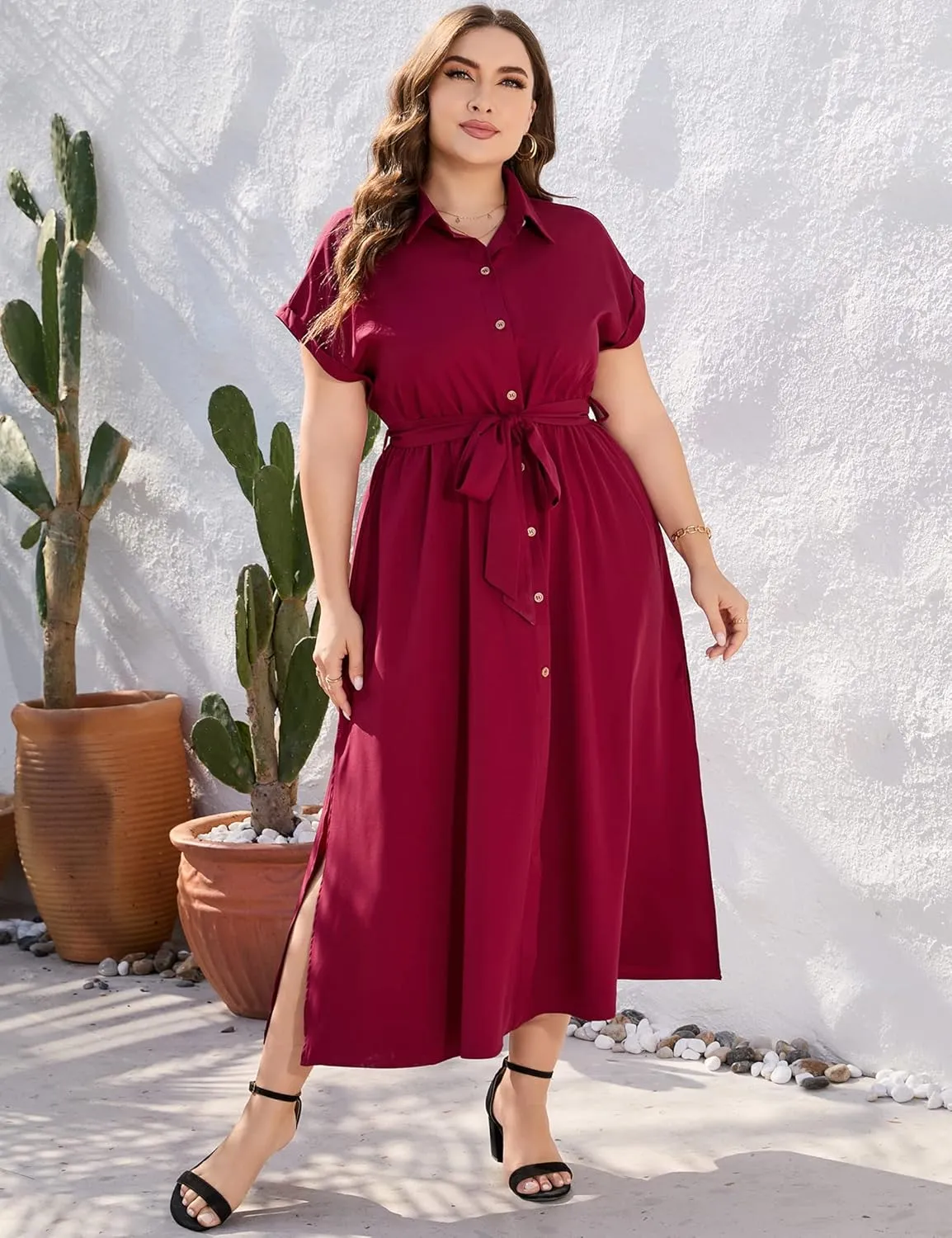 KOJOOIN Plus Size Maxi Dresses for Women Summer Tie Belt Work Polo Dress Business Casual Button Down Dress