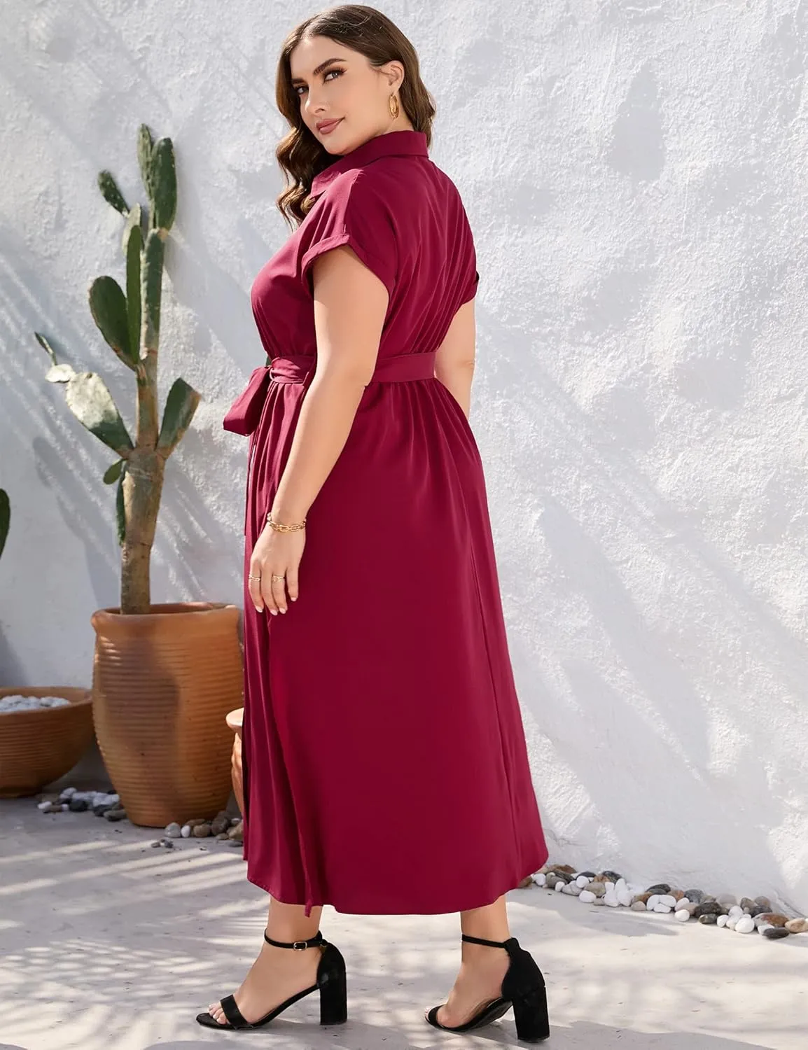 KOJOOIN Plus Size Maxi Dresses for Women Summer Tie Belt Work Polo Dress Business Casual Button Down Dress
