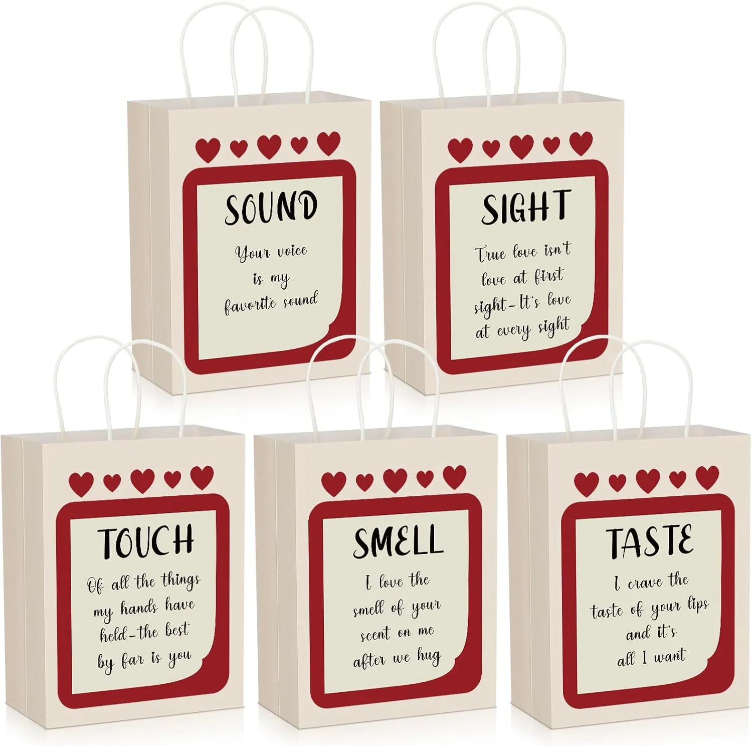 Kolldenn 5 Pcs 5 Senses Gift Bags for Him 10.6 Inch Valentine‘s Day Gift Bags with Handles I Love You with All of My Senses Kraft Paper Wrapping Supplies