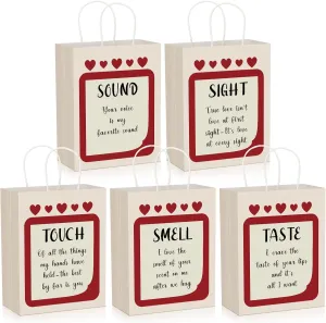 Kolldenn 5 Pcs 5 Senses Gift Bags for Him 10.6 Inch Valentine‘s Day Gift Bags with Handles I Love You with All of My Senses Kraft Paper Wrapping Supplies