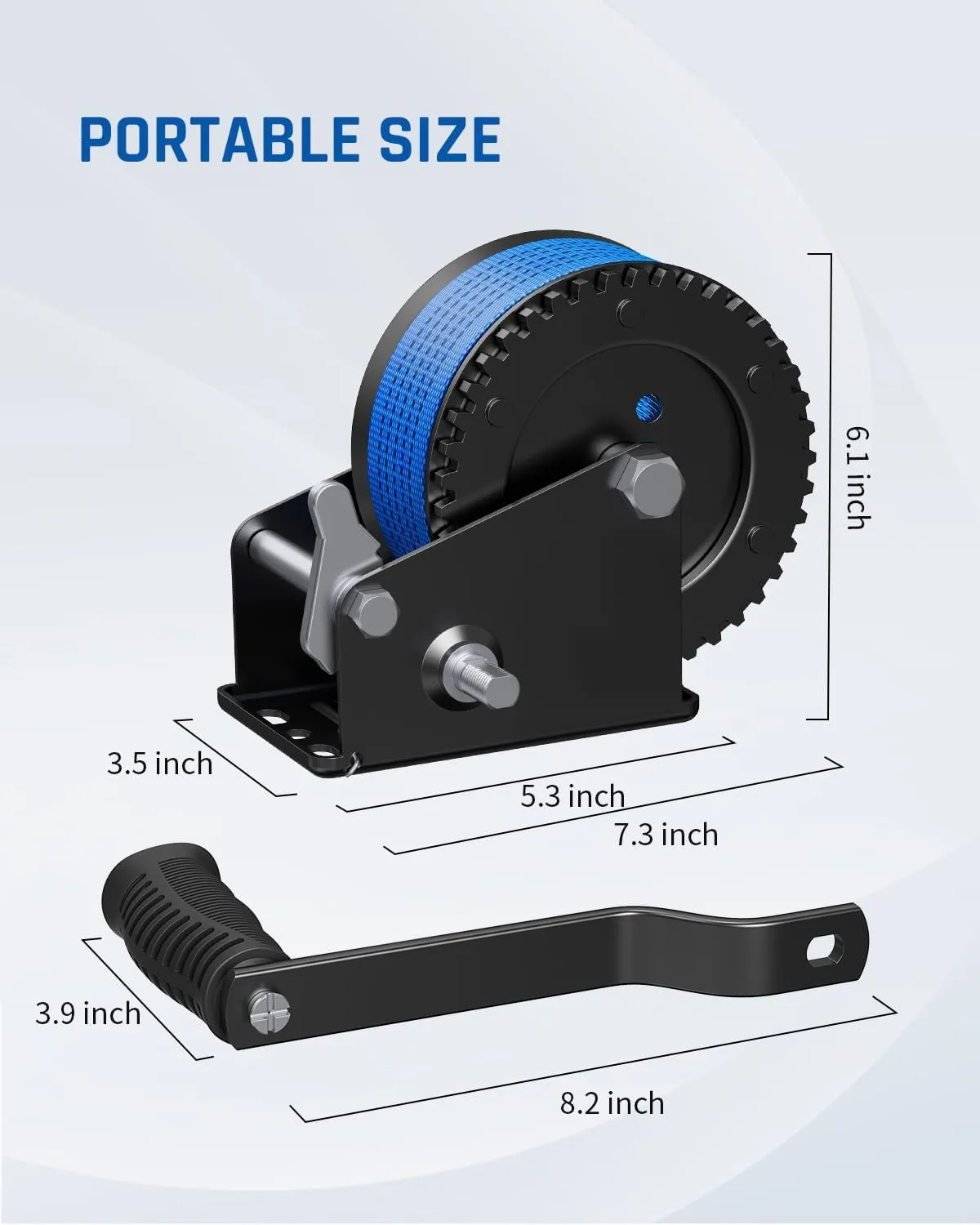 Kolvoii 1200lbs Boat Trailer Winch with 26FT Strap, Portable Hand Crank Winch 2-Way Ratchet 4:1 Gear Ratio, Comfortable Handle for Boat, Trailer, Marine, and Jet Ski - Blue