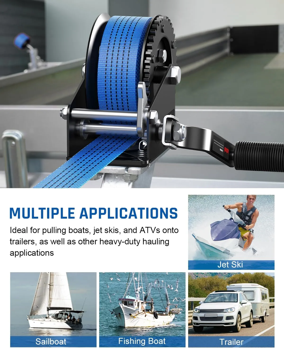 Kolvoii 1200lbs Boat Trailer Winch with 26FT Strap, Portable Hand Crank Winch 2-Way Ratchet 4:1 Gear Ratio, Comfortable Handle for Boat, Trailer, Marine, and Jet Ski - Blue