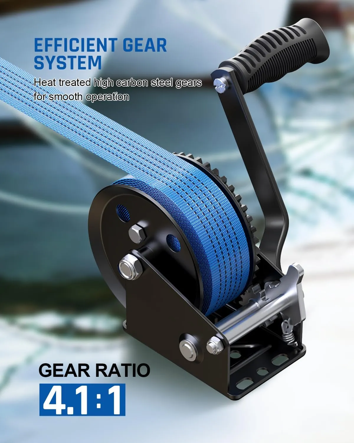 Kolvoii 1200lbs Boat Trailer Winch with 26FT Strap, Portable Hand Crank Winch 2-Way Ratchet 4:1 Gear Ratio, Comfortable Handle for Boat, Trailer, Marine, and Jet Ski - Blue