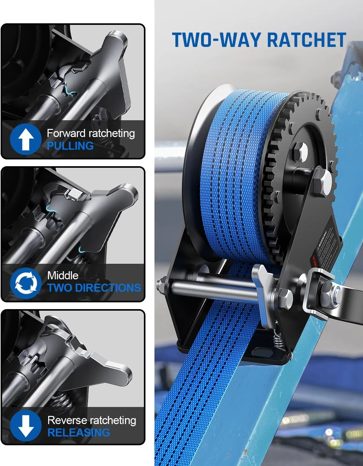 Kolvoii 1200lbs Boat Trailer Winch with 26FT Strap, Portable Hand Crank Winch 2-Way Ratchet 4:1 Gear Ratio, Comfortable Handle for Boat, Trailer, Marine, and Jet Ski - Blue