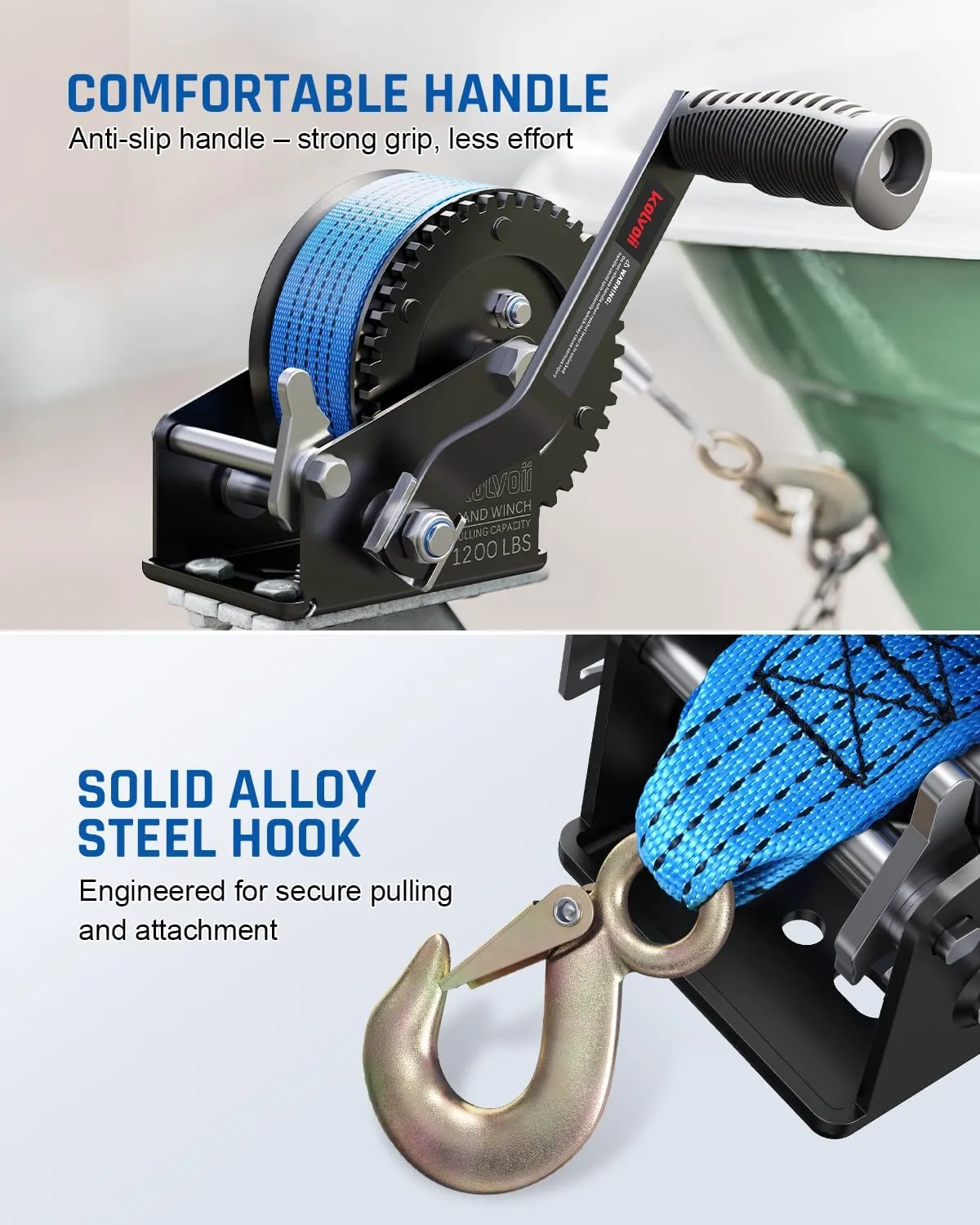 Kolvoii 1200lbs Boat Trailer Winch with 26FT Strap, Portable Hand Crank Winch 2-Way Ratchet 4:1 Gear Ratio, Comfortable Handle for Boat, Trailer, Marine, and Jet Ski - Blue