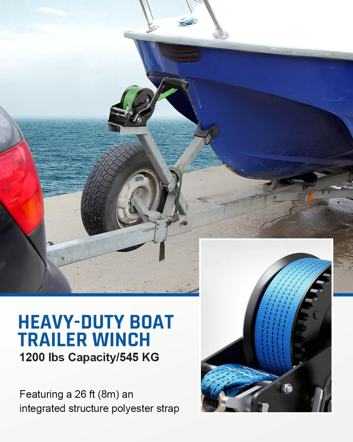 Kolvoii 1200lbs Boat Trailer Winch with 26FT Strap, Portable Hand Crank Winch 2-Way Ratchet 4:1 Gear Ratio, Comfortable Handle for Boat, Trailer, Marine, and Jet Ski - Blue