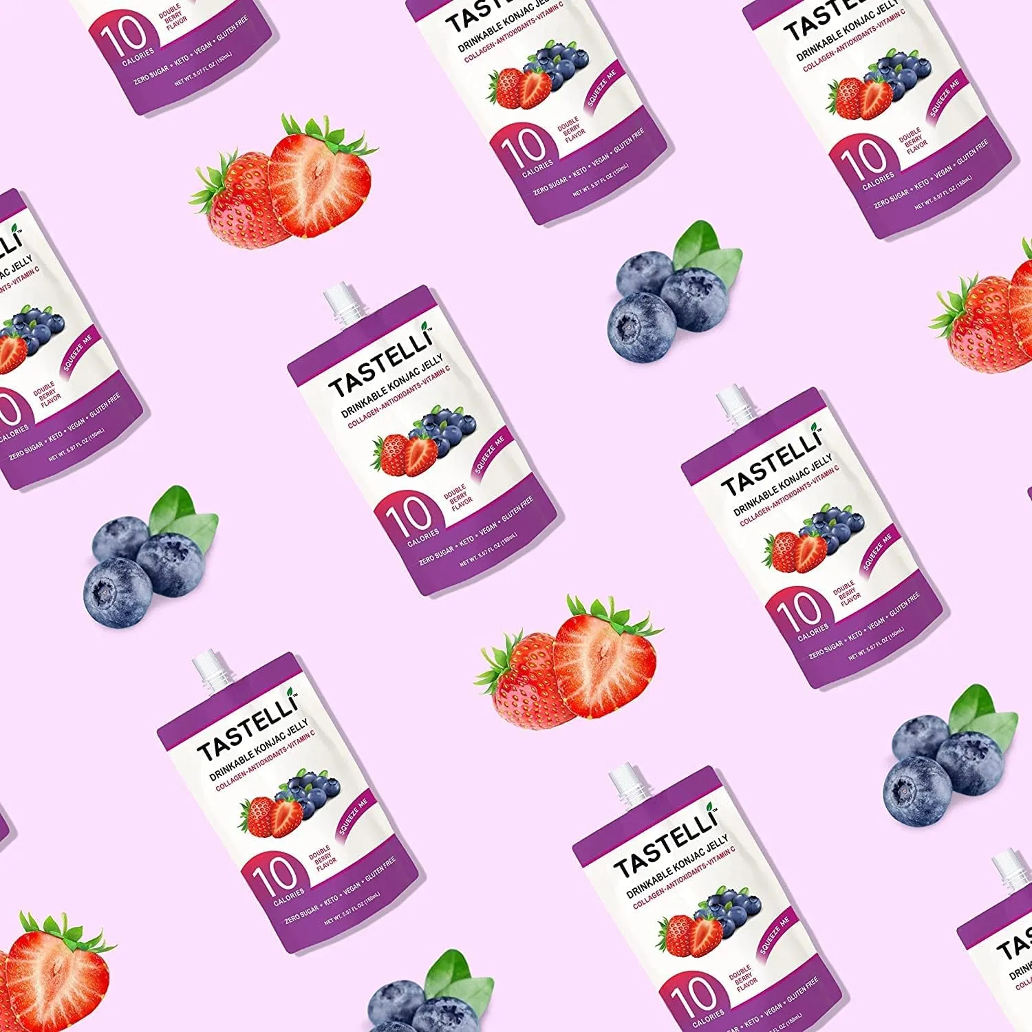 Konjac Jelly Infused with Collagen   Vitamin C   Antioxidants / 10 Calories, Vegan, Zero Sugar/Healthy Drinkable Dessert Pouch / (Double Berry) - 150mL x 10 Pouches