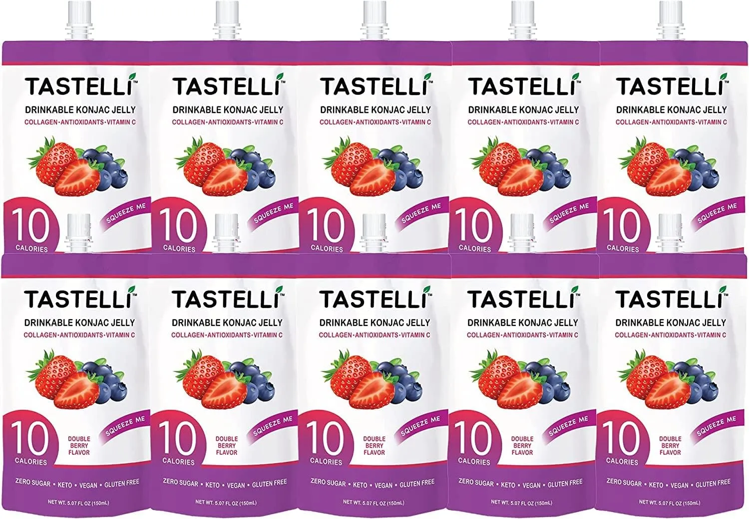 Konjac Jelly Infused with Collagen   Vitamin C   Antioxidants / 10 Calories, Vegan, Zero Sugar/Healthy Drinkable Dessert Pouch / (Double Berry) - 150mL x 10 Pouches