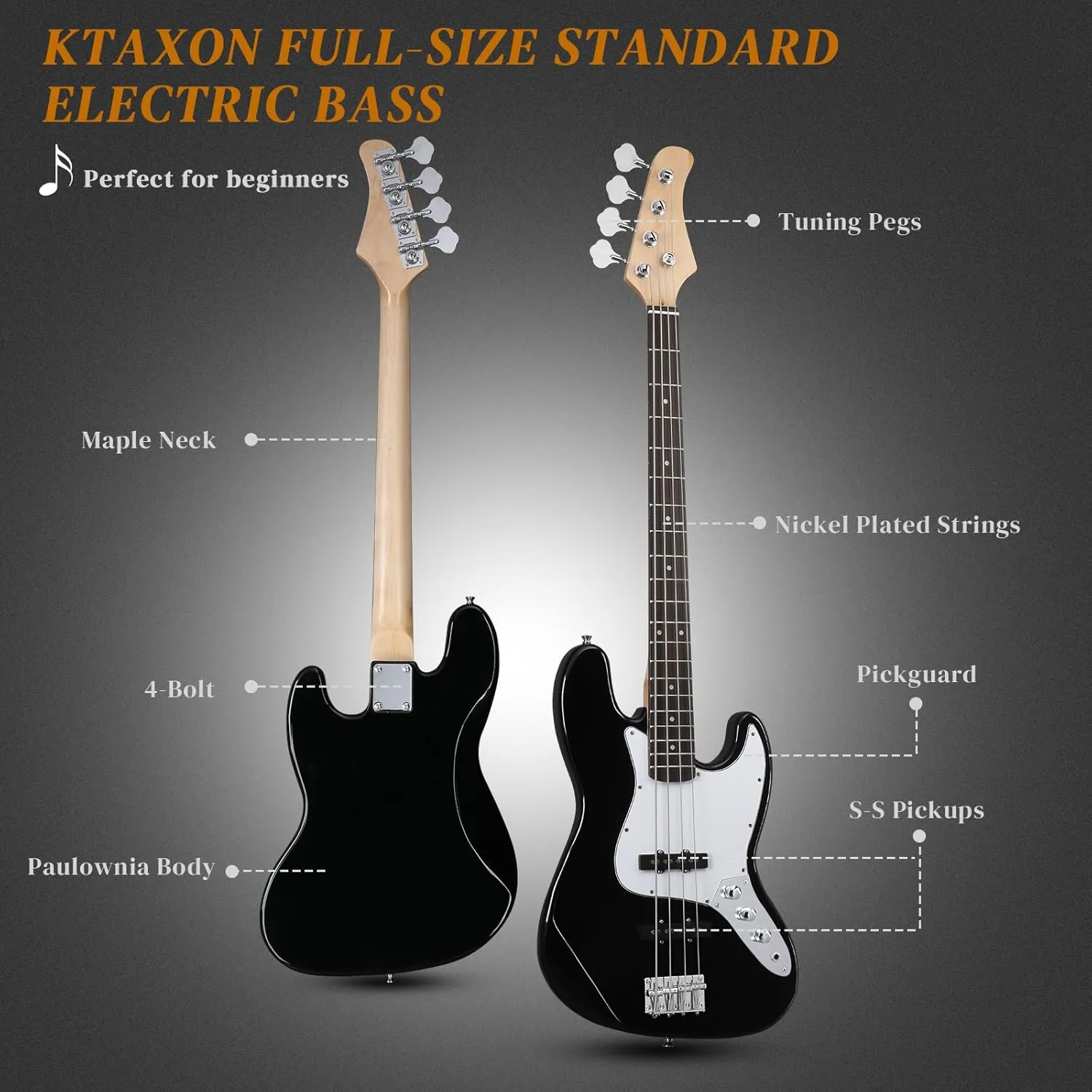 Ktaxon Electric Bass Guitar with 20Watt Amplifier, 4 String Right Handed Electric Bass Kit for Beginner & Professionals W/a Bag, Shoulder Strap, Guitar Pick, Wrench Tool(Black)