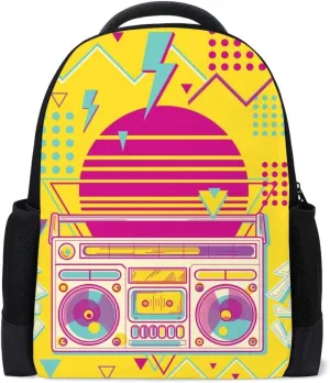 Kuizee Classic Backpack Adjustable Padded Shoulder Straps Daypack ﻿80s Disco Radio Funky Music Pop Design Yellow Book Bag Casual Bags Durable College School Daily 16Inch