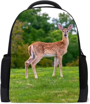 Kuizee Classic Backpack Adjustable Padded Shoulder Straps Daypack ﻿Nature Deer On Green Lawn Book Bag Casual Bags Durable College School Daily 16Inch