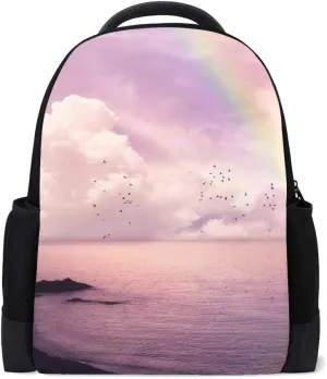 Kuizee Classic Backpack Adjustable Padded Shoulder Straps Daypack ﻿Pink Sky Seashore Rainbow Dreamly Book Bag Casual Bags Durable College School Daily 16Inch