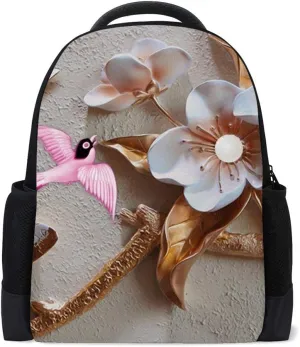 Kuizee Classic Backpack Schoolbag Adjustable Padded Shoulder Straps Daypack ﻿3d Gray Textural Flowers Branches Butterflies Birds Casual Bags Durable College Daily 16Inch