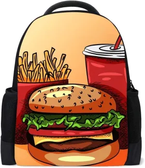 Kuizee Classic Backpack Schoolbag Adjustable Padded Shoulder Straps Daypack ﻿Fast Food Hamburger Cheeseburger French Fries Casual Bags Durable College Daily 16Inch