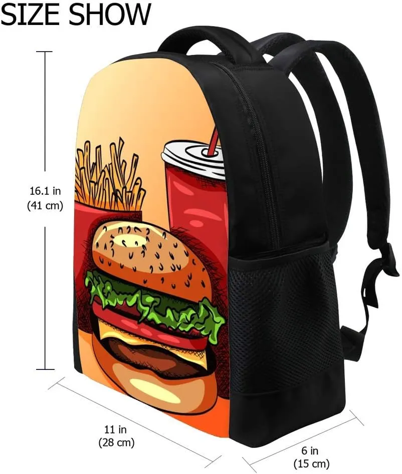 Kuizee Classic Backpack Schoolbag Adjustable Padded Shoulder Straps Daypack ﻿Fast Food Hamburger Cheeseburger French Fries Casual Bags Durable College Daily 16Inch