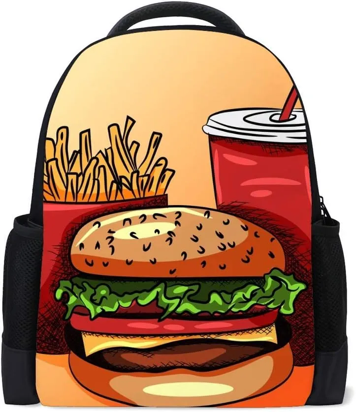 Kuizee Classic Backpack Schoolbag Adjustable Padded Shoulder Straps Daypack ﻿Fast Food Hamburger Cheeseburger French Fries Casual Bags Durable College Daily 16Inch