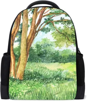 Kuizee Classic Backpack Schoolbag Adjustable Padded Shoulder Straps Daypack ﻿Summer Landscap Watercolor Green Forest Casual Bags Durable College Daily 16Inch