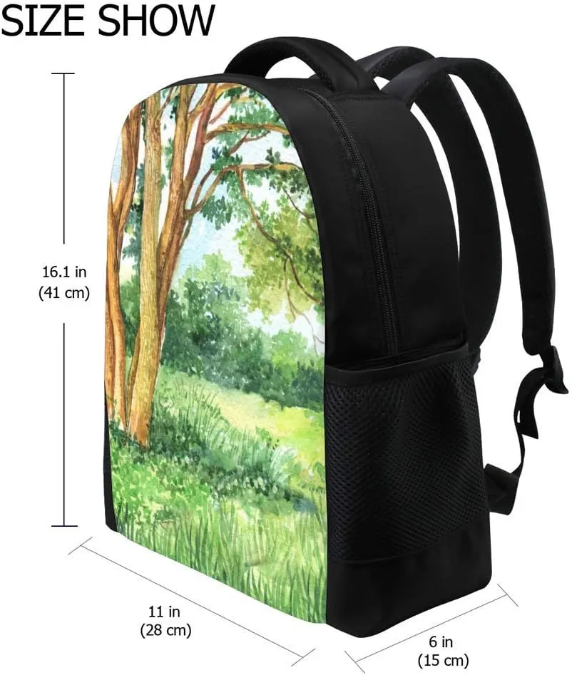 Kuizee Classic Backpack Schoolbag Adjustable Padded Shoulder Straps Daypack ﻿Summer Landscap Watercolor Green Forest Casual Bags Durable College Daily 16Inch