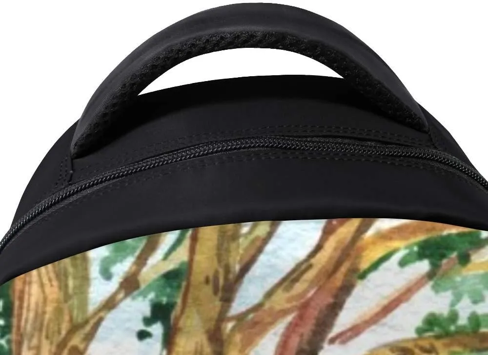 Kuizee Classic Backpack Schoolbag Adjustable Padded Shoulder Straps Daypack ﻿Summer Landscap Watercolor Green Forest Casual Bags Durable College Daily 16Inch