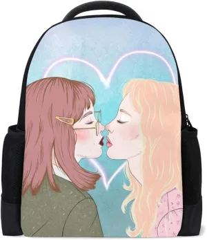 Kuizee Classic Backpack Schoolbag Adjustable Padded Shoulder Straps Daypack ﻿Two Young Girls Kissing Casual Bags Durable College Daily 16Inch