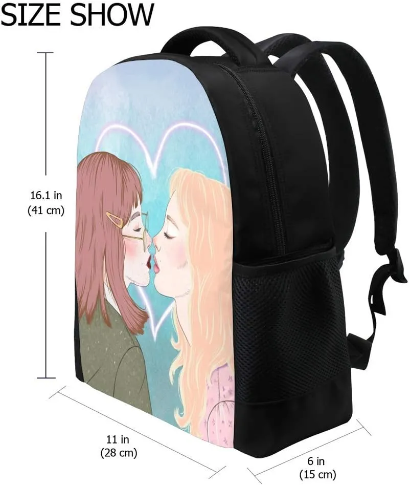 Kuizee Classic Backpack Schoolbag Adjustable Padded Shoulder Straps Daypack ﻿Two Young Girls Kissing Casual Bags Durable College Daily 16Inch