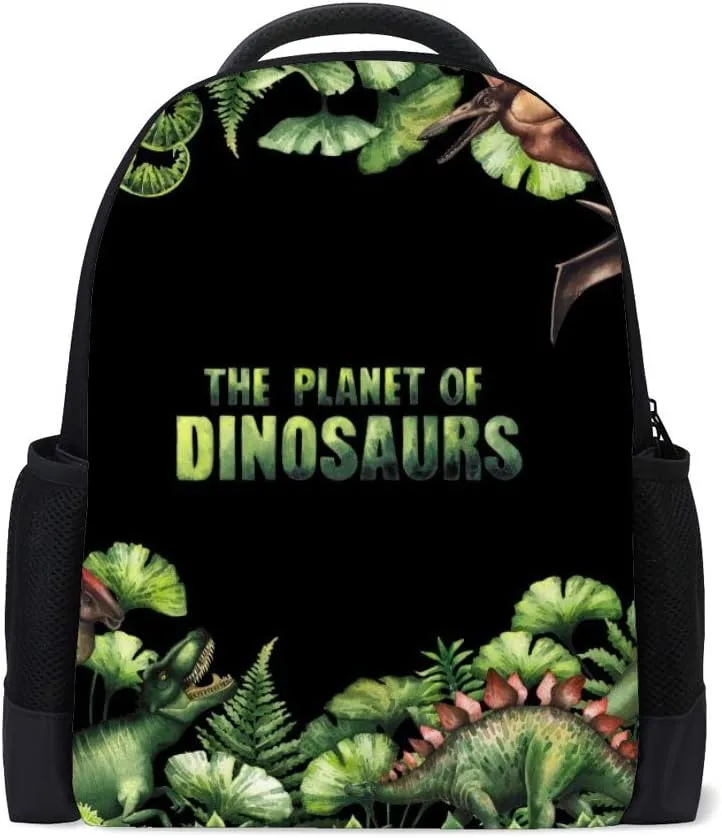 Kuizee Classic Backpack Schoolbag Adjustable Padded Shoulder Straps Daypack ﻿Watercolor Dinosaurs Green Prehistoric Plants Casual Bags Durable College Daily 16Inch