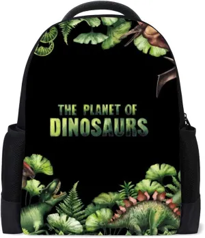 Kuizee Classic Backpack Schoolbag Adjustable Padded Shoulder Straps Daypack ﻿Watercolor Dinosaurs Green Prehistoric Plants Casual Bags Durable College Daily 16Inch