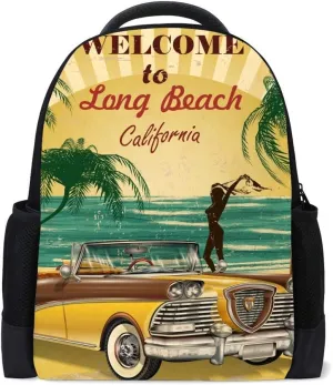 Kuizee Classic Backpack Schoolbag Adjustable Padded Shoulder Straps Daypack ﻿Welcome To Long Beach California Retro Poster Casual Bags Durable College Daily 16Inch