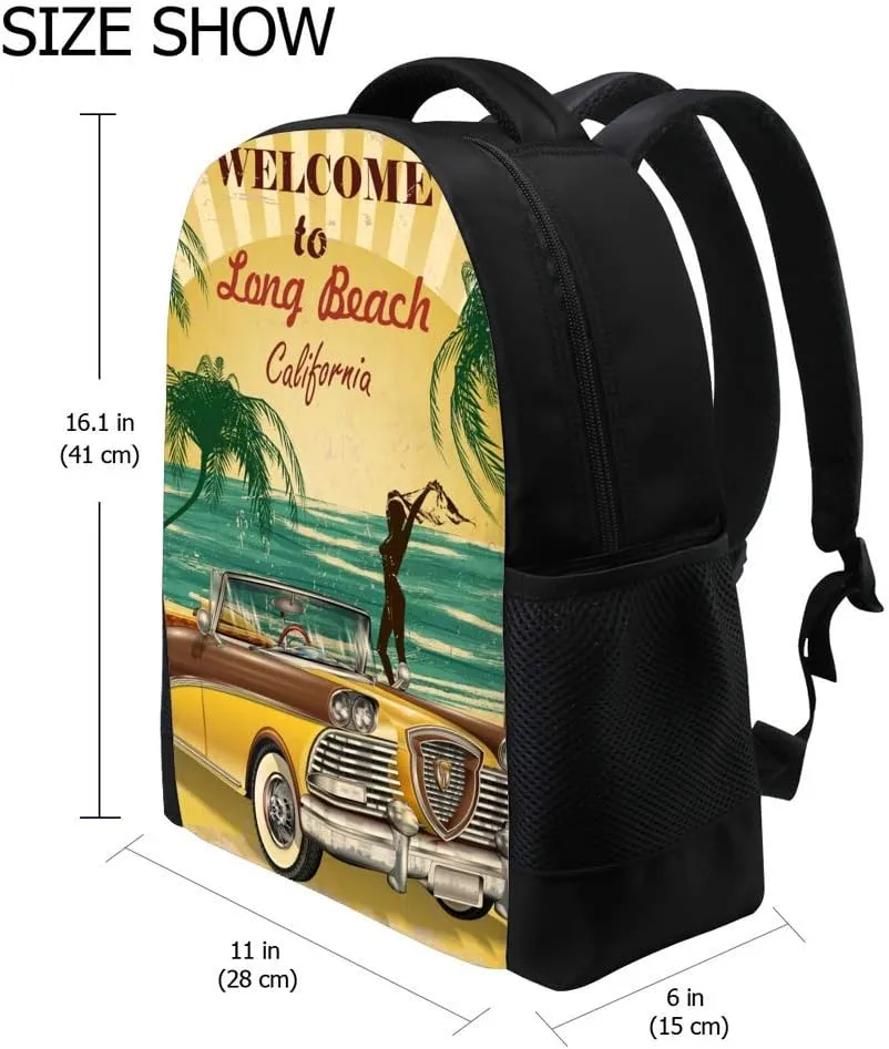 Kuizee Classic Backpack Schoolbag Adjustable Padded Shoulder Straps Daypack ﻿Welcome To Long Beach California Retro Poster Casual Bags Durable College Daily 16Inch