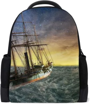 Kuizee School Bag Backpack Daypack ﻿Spectacular Sea Scenery Ship Nautical Dawn Book Bag Casual Bags Durable College School Travel Daily 16Inch