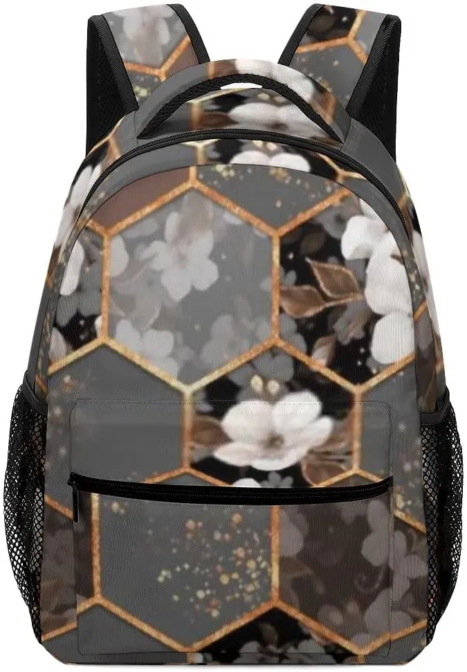 Kuizee Travel Laptop Backpack Business Daypack Work Bookbag Hexagon Texture White Flowers Grey Durable iPad Tablet School College Book Bags Casual Bags for Men and Women