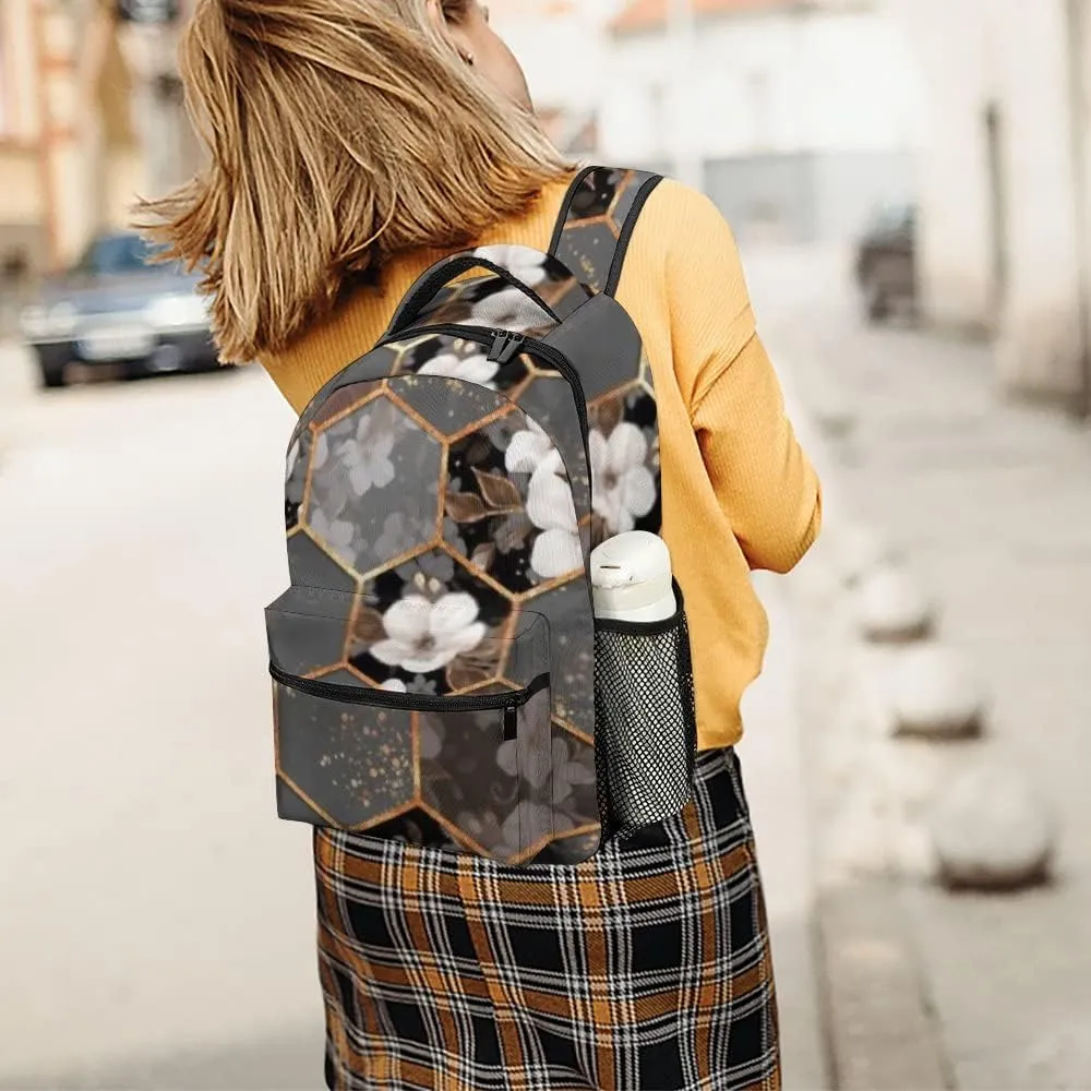 Kuizee Travel Laptop Backpack Business Daypack Work Bookbag Hexagon Texture White Flowers Grey Durable iPad Tablet School College Book Bags Casual Bags for Men and Women
