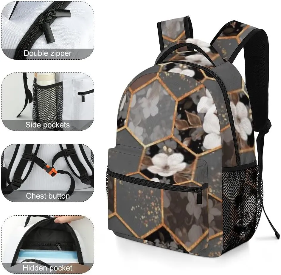 Kuizee Travel Laptop Backpack Business Daypack Work Bookbag Hexagon Texture White Flowers Grey Durable iPad Tablet School College Book Bags Casual Bags for Men and Women