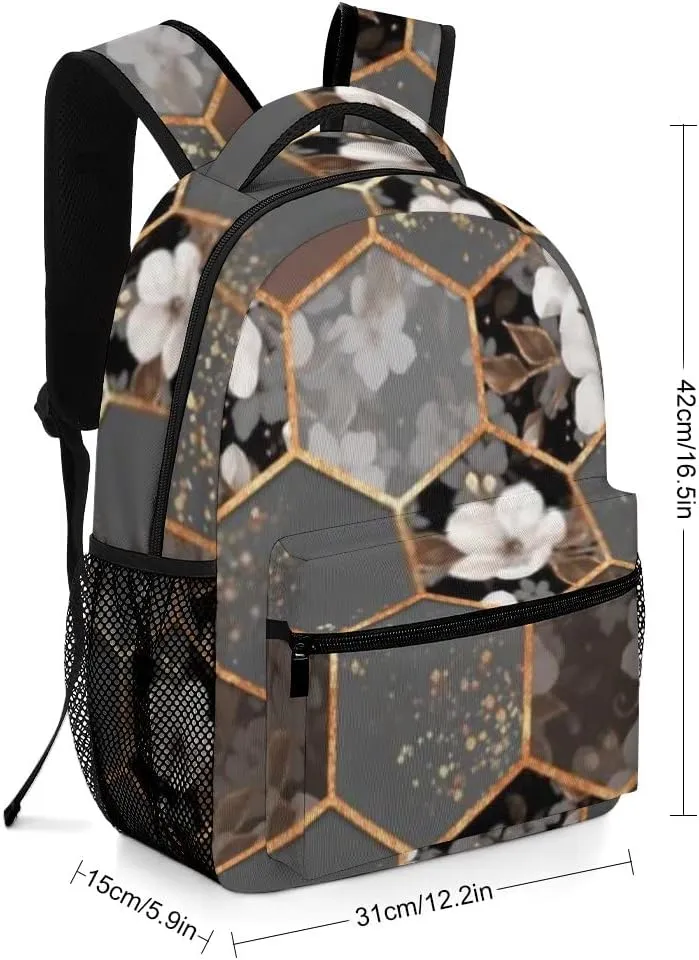 Kuizee Travel Laptop Backpack Business Daypack Work Bookbag Hexagon Texture White Flowers Grey Durable iPad Tablet School College Book Bags Casual Bags for Men and Women