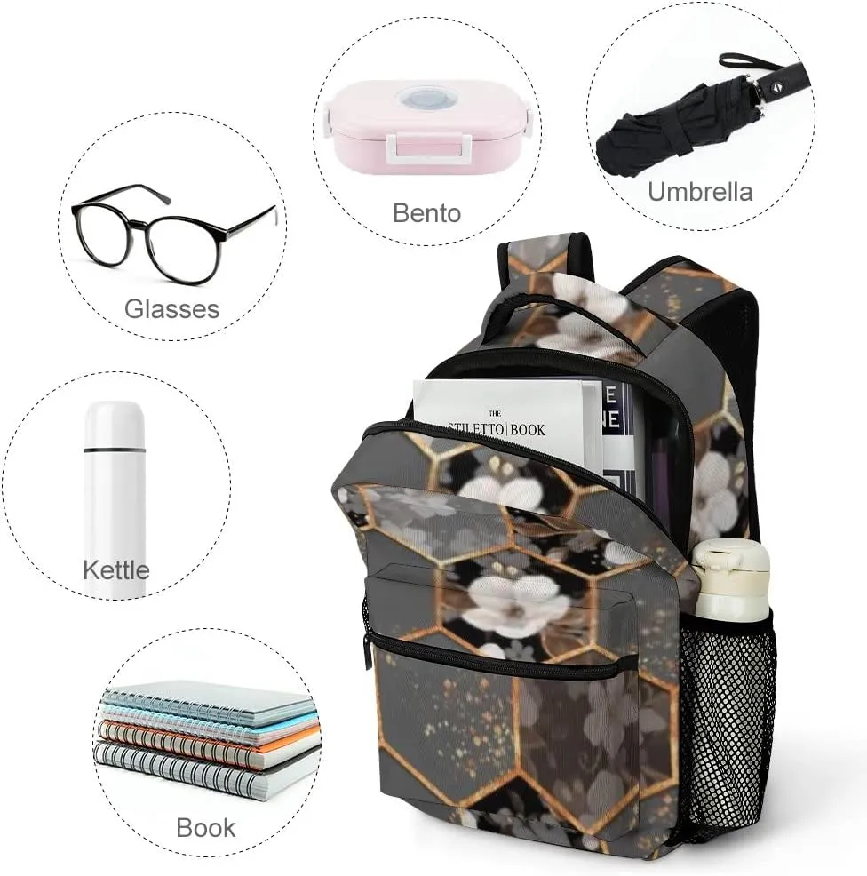 Kuizee Travel Laptop Backpack Business Daypack Work Bookbag Hexagon Texture White Flowers Grey Durable iPad Tablet School College Book Bags Casual Bags for Men and Women