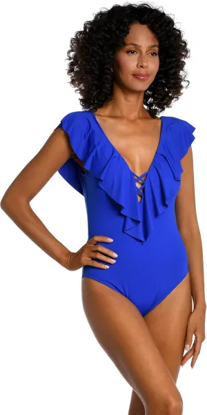 La Blanca Women's One Piece Swimsuit Over The Shoulder Ruffle Sleeve Tummy Control Island Goddess Bathing Suit