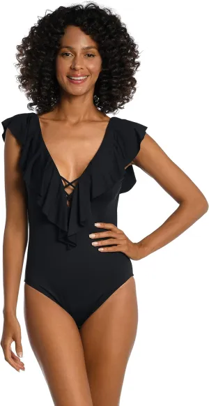 La Blanca Women's One Piece Swimsuit Over The Shoulder Ruffle Sleeve Tummy Control Island Goddess Bathing Suit