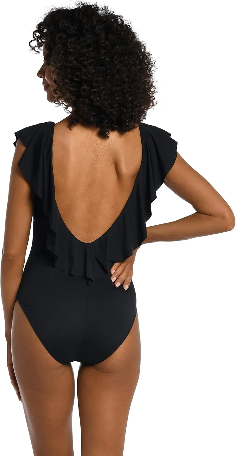 La Blanca Women's One Piece Swimsuit Over The Shoulder Ruffle Sleeve Tummy Control Island Goddess Bathing Suit