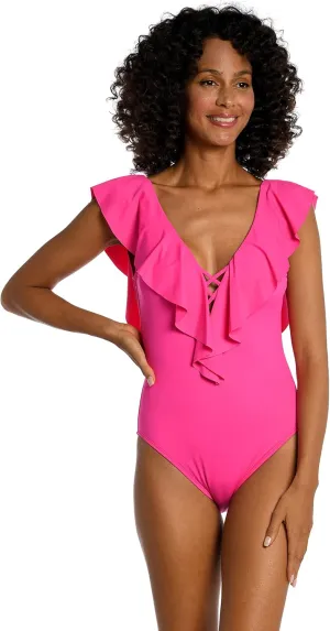 La Blanca Women's One Piece Swimsuit Over The Shoulder Ruffle Sleeve Tummy Control Island Goddess Bathing Suit