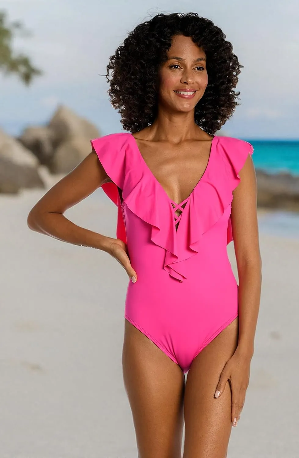La Blanca Women's One Piece Swimsuit Over The Shoulder Ruffle Sleeve Tummy Control Island Goddess Bathing Suit