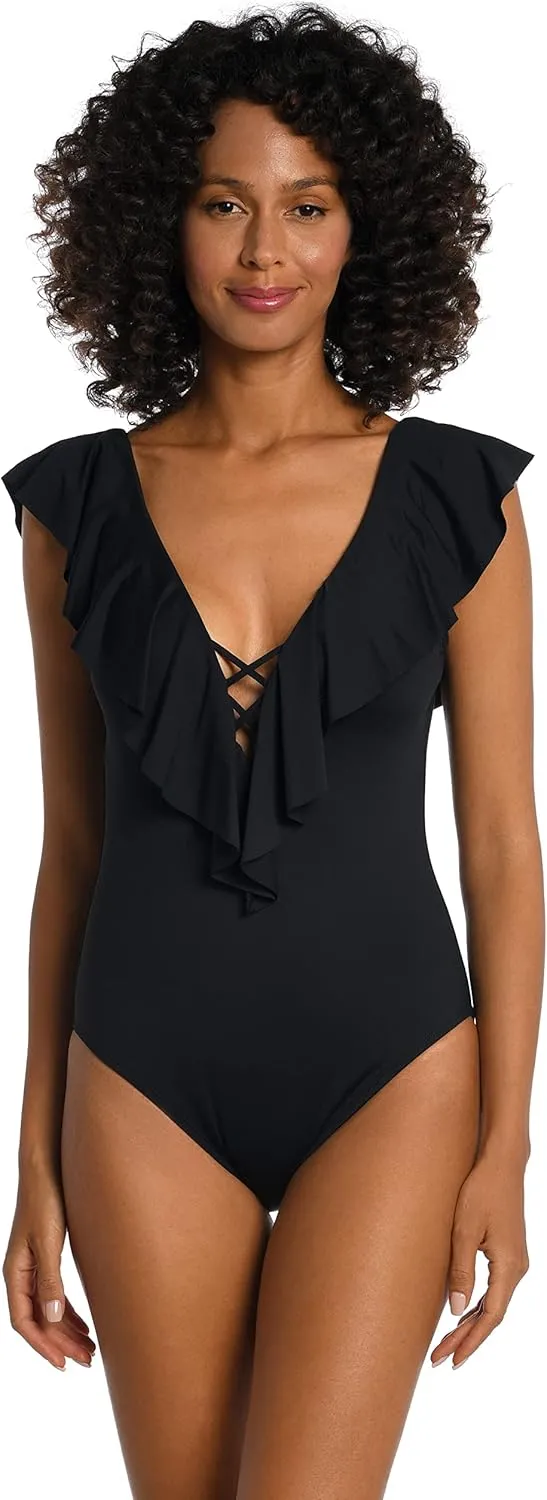 La Blanca Women's One Piece Swimsuit Over The Shoulder Ruffle Sleeve Tummy Control Island Goddess Bathing Suit