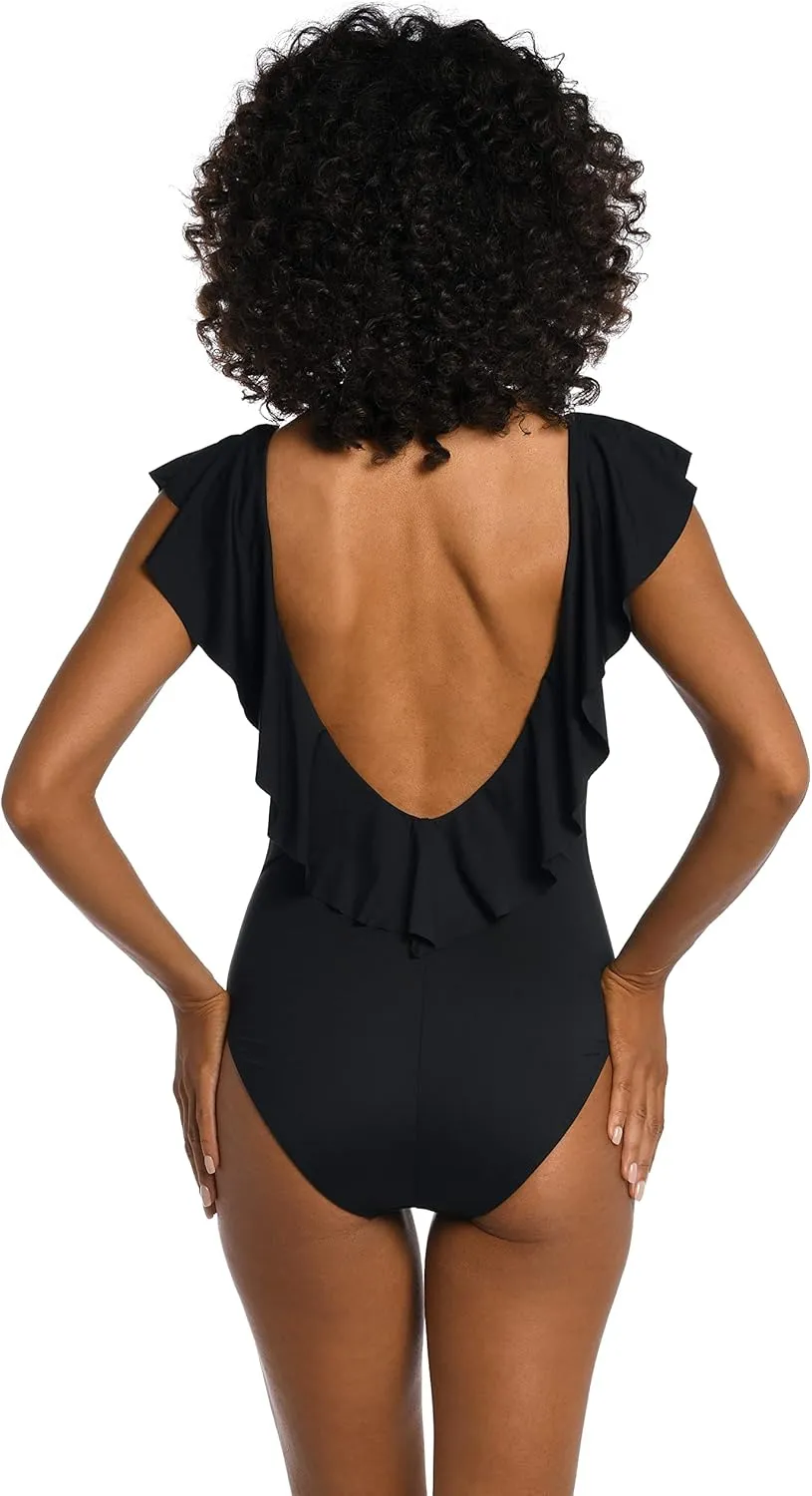 La Blanca Women's One Piece Swimsuit Over The Shoulder Ruffle Sleeve Tummy Control Island Goddess Bathing Suit