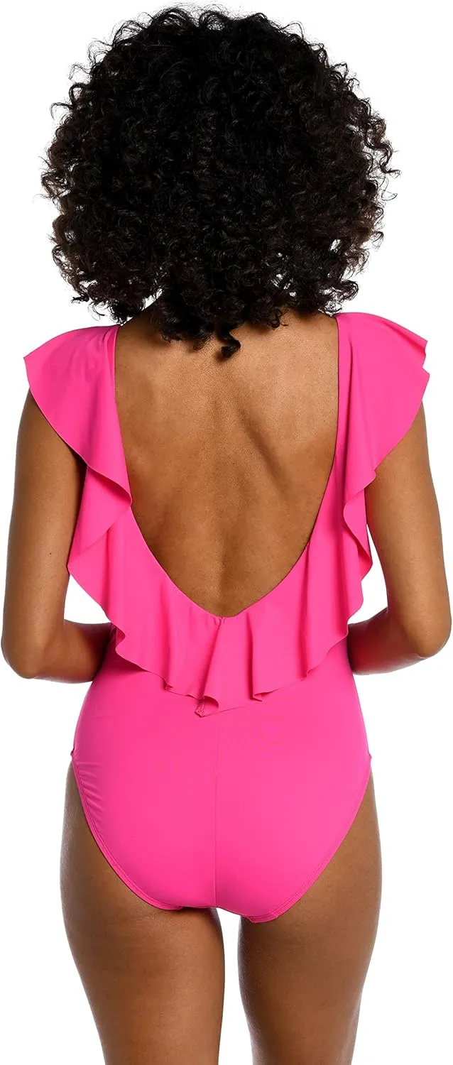 La Blanca Women's One Piece Swimsuit Over The Shoulder Ruffle Sleeve Tummy Control Island Goddess Bathing Suit