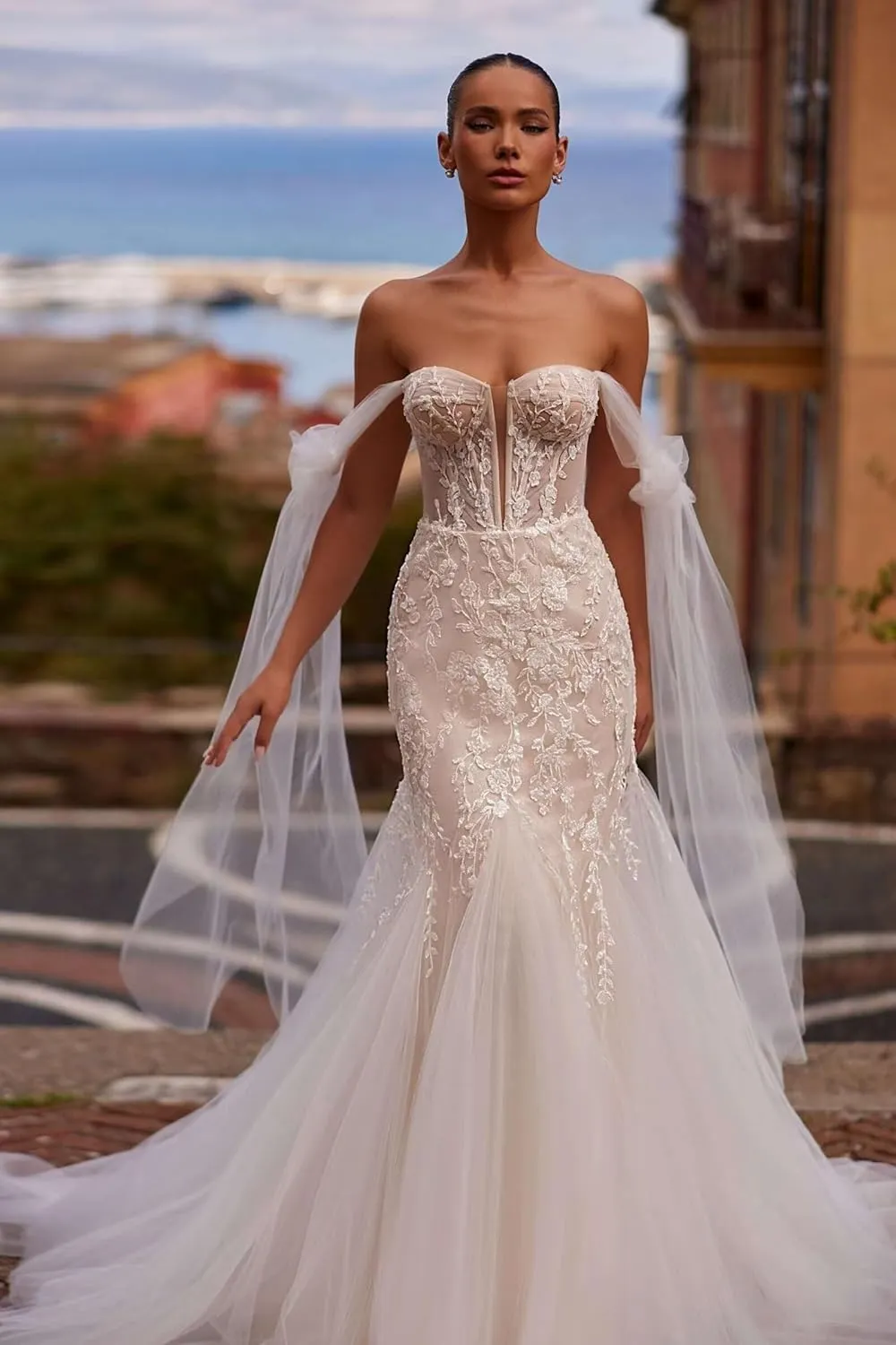 Lace Appliques Wedding Dress with Long Trian 2025 Off The Shoulder Tulle Bridal Gown