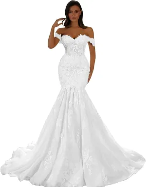 Lace Appliques Wedding Dress with Long Trian 2025 Off The Shoulder Tulle Bridal Gown