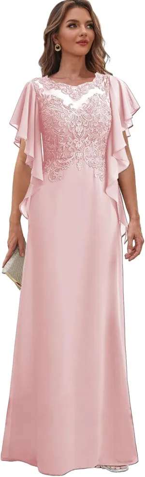 Lace Mother of The Bride Dresses with Sleeves for Wedding Chiffon Long Formal Dress Ruffles Evening Gown