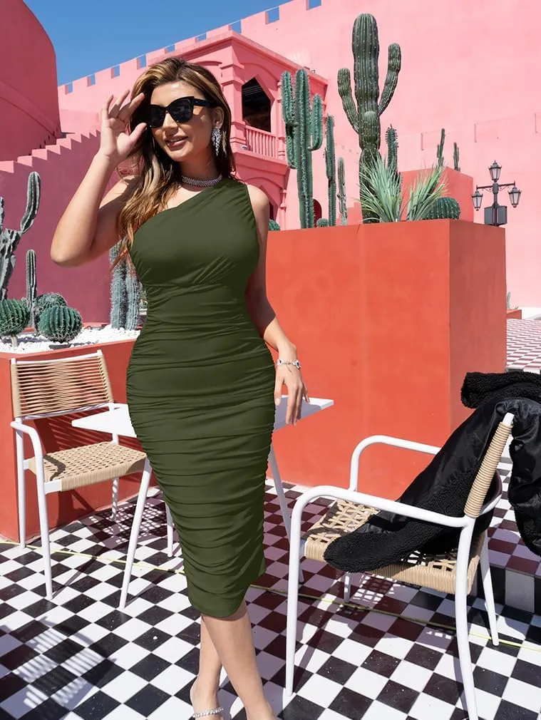 LAGSHIAN Women's Sexy Bodycon One Shoulder Sleeveless Ruched Midi Club Party Dress