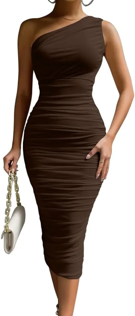 LAGSHIAN Women's Sexy Bodycon One Shoulder Sleeveless Ruched Midi Club Party Dress