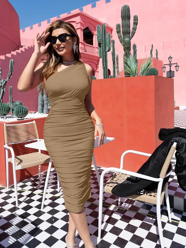 LAGSHIAN Women's Sexy Bodycon One Shoulder Sleeveless Ruched Midi Club Party Dress