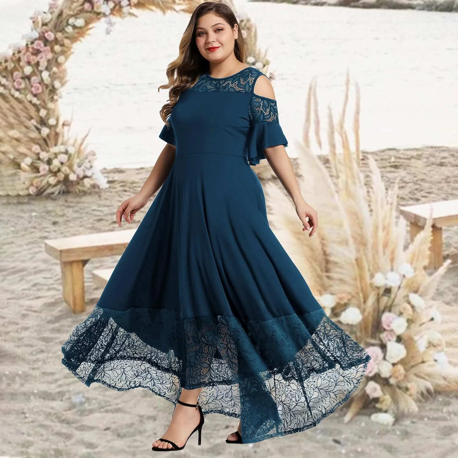 LALAGEN Womens Plus Size Lace Cold Shoulder Casual Long Plain Evening Party Maxi Dress L-5X